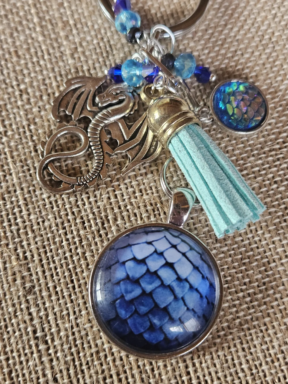 Blue Dragon Scale Keychain with Aqua Tassel